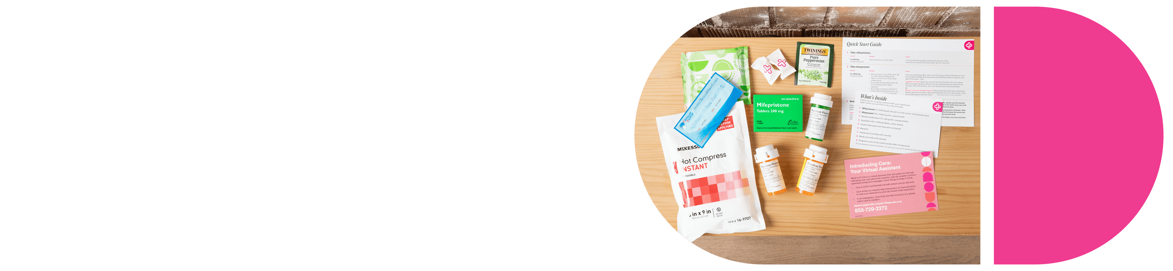 Items included with carafem abortion pill care arranged on a wooden table, including mifepristone and other medications, a pregnancy test, heating pad, peppermint tea, and carafem instructions and support information.